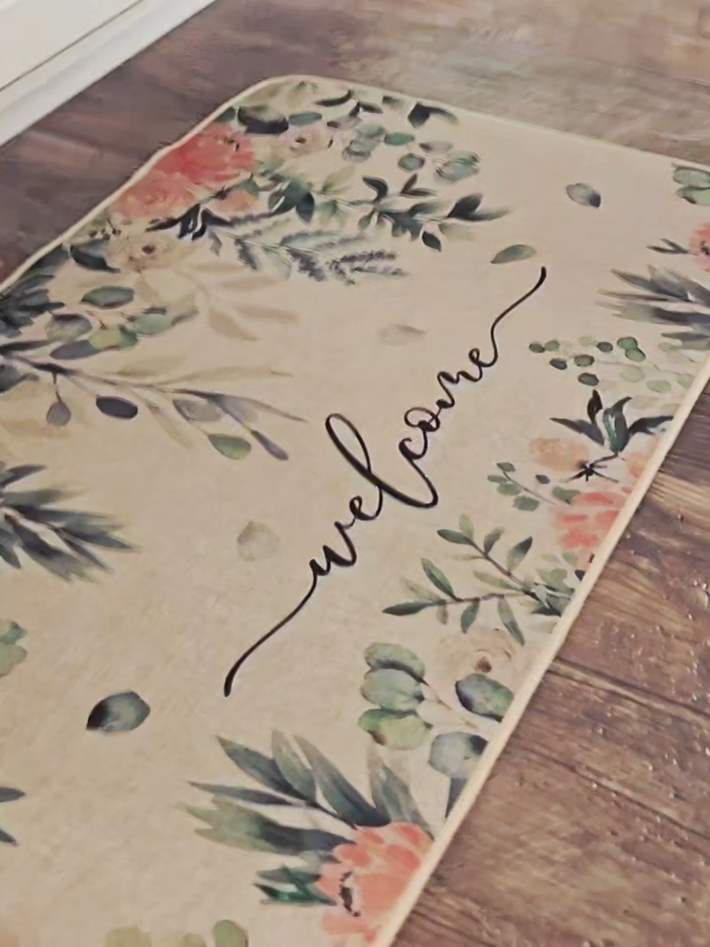Floral 'Welcome' Door Mat with Watercolor Green and Coral Accents